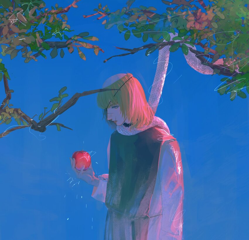1boy apple badeni blonde_hair blue_background blue_eyes branch chi.:_chikyuu_no_undou_ni_tsuite eyepatch food fruit highres holding holding_food holding_fruit looking_at_object male_focus medium_hair scapular scar scar_on_face scar_on_lip scar_on_mouth scar_on_nose snake snake_bondage solo tonsure toro_(gyuhmtdao15070) upper_body