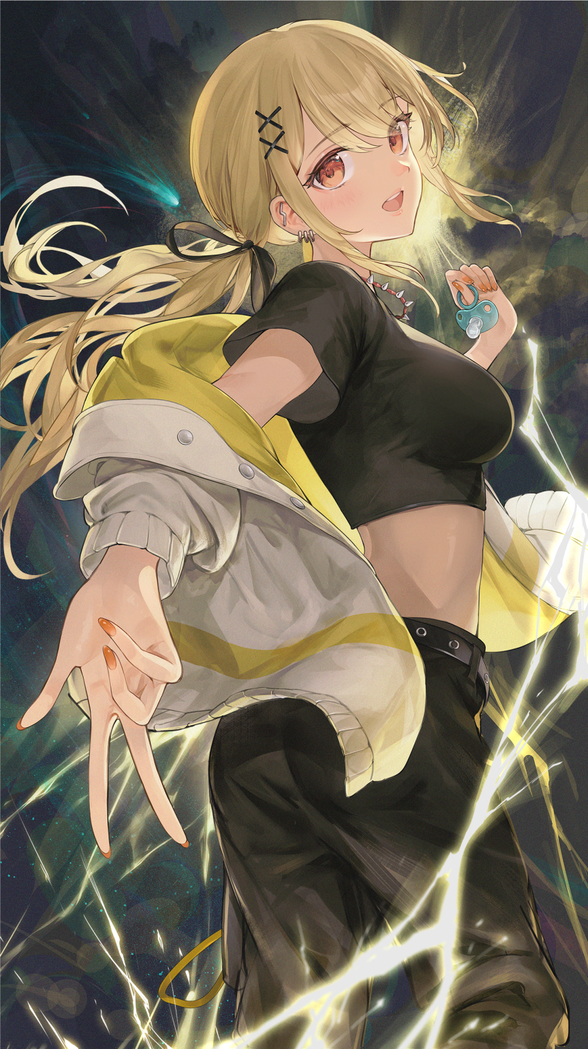 1girl absurdres belt black_belt black_pants black_ribbon black_shirt blonde_hair blush bolt_(hardware) brown_eyes commentary cropped_shirt earrings electricity hair_ornament hair_ribbon highres holding_pacifier jacket jewelry kaminari_qpi kaminari_qpi_(2nd_costume) looking_at_viewer nakashima_(pluscolor) off_shoulder open_mouth pacifier pants ribbon shirt sidelocks solo spiked_necklace swept_bangs teeth twintails two-sided_fabric two-sided_jacket upper_teeth_only v virtual_youtuber vspo! white_jacket x_hair_ornament yellow_jacket