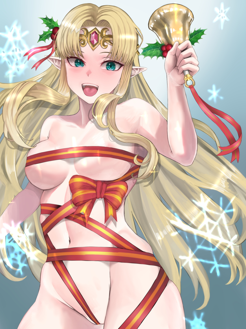 1girl absurdres aqua_eyes bell blonde_hair breasts circlet commentary_request gem grey_background hand_up handbell highres holding holding_bell holly long_hair looking_at_viewer medium_breasts naked_ribbon navel nintendo open_mouth pocari66 pointy_ears princess_zelda red_gemstone red_ribbon ribbon smile snowflakes solo teeth the_legend_of_zelda the_legend_of_zelda:_a_link_between_worlds upper_body upper_teeth_only