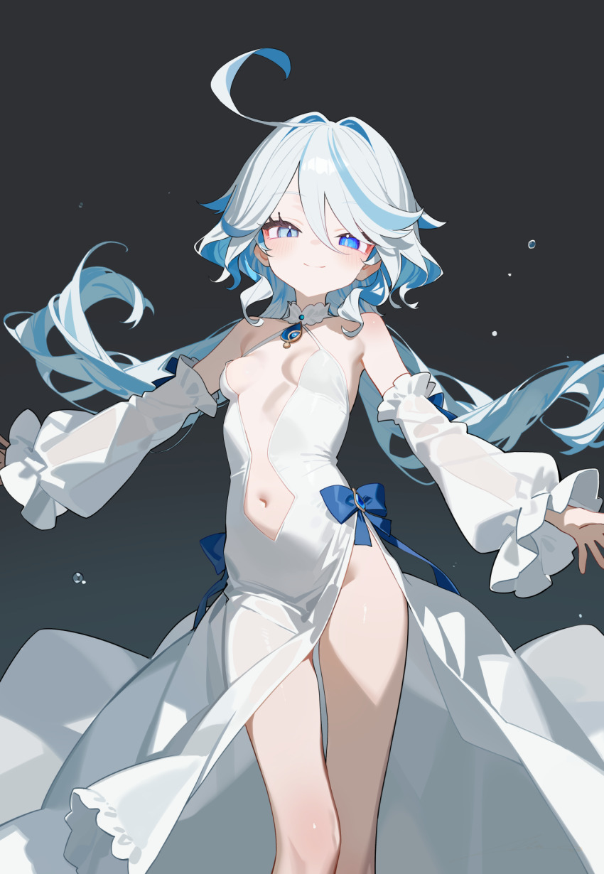 1girl ahoge arm_warmers black_background blue_eyes blue_hair blue_ribbon breasts choker colored_inner_hair dress frilled_arm_warmers furina_(genshin_impact) genshin_impact half-closed_eyes highres long_hair looking_at_viewer multicolored_hair navel overlord_(overlord80000) ribbon simple_background sleeveless small_breasts solo thighs two-tone_hair white_arm_warmers white_choker white_dress white_hair wide_sleeves