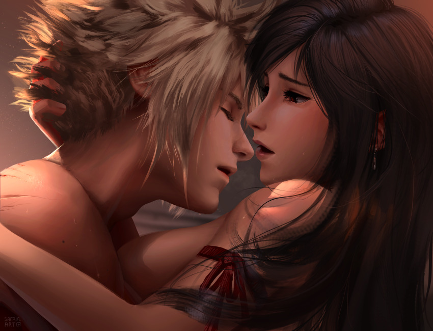 1boy 1girl absurdres arm_ribbon bare_shoulders black_hair blonde_hair boy_on_top breasts closed_eyes cloud_strife commentary couple earrings final_fantasy final_fantasy_vii final_fantasy_vii_advent_children from_side hand_on_another&#039;s_back hand_on_another&#039;s_head hetero highres indoors jewelry large_breasts lips long_hair looking_at_another nude parted_lips profile realistic red_eyes red_ribbon ribbon safaia scar scar_on_back single_earring spiked_hair sunlight symbol-only_commentary tifa_lockhart upper_body