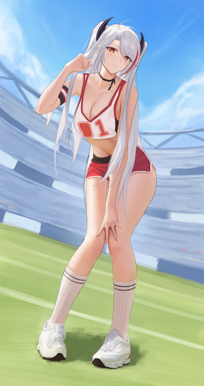1girl absurdres antenna_hair arm_strap azur_lane black_choker breasts choker cleavage crop_top dolphin_shorts full_body grey_hair hand_in_own_hair hand_on_own_knee hand_up highres knees_together_feet_apart kong_zhizen leaning_forward long_hair looking_at_viewer medium_breasts midriff multicolored_hair navel number_print official_alternate_costume pigeon-toed prinz_eugen_(azur_lane) prinz_eugen_(brilliant_touchdown)_(azur_lane) red_hair red_shorts shoes short_shorts shorts sky smile sneakers socks solo stadium standing streaked_hair two_side_up white_shoes white_socks