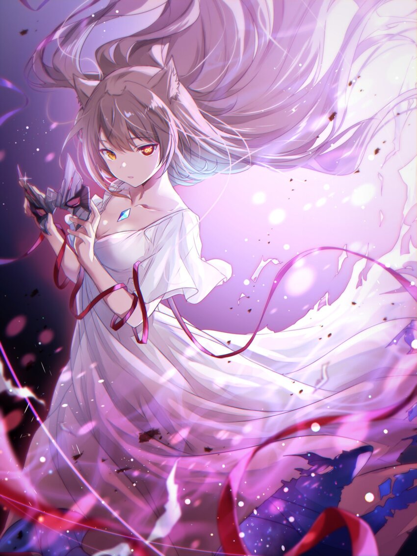 1girl animal_ear_fluff animal_ears blurry blurry_foreground breasts cat_ears cat_girl chest_jewel cleavage collarbone dress eye_mask full_body grey_hair heterochromia highres infinity_symbol long_hair looking_at_viewer m_(xenoblade) medium_breasts red_eyes red_ribbon ribbon solo ui_frara white_dress xenoblade_chronicles_(series) xenoblade_chronicles_3 yellow_eyes