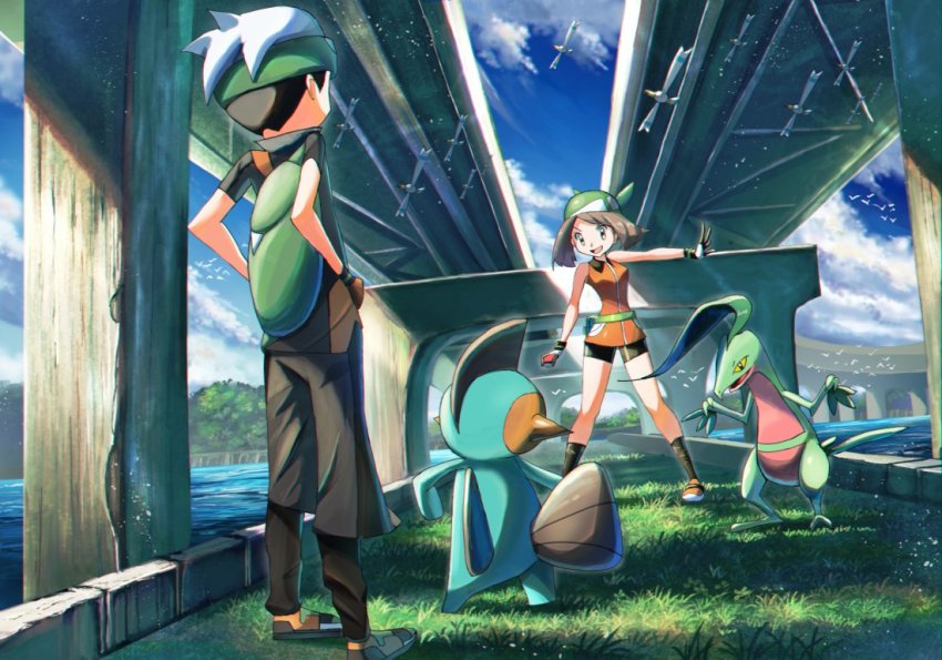 1boy 1girl backpack bag bandana bike_shorts bird black_gloves black_hair black_legwear black_shirt black_shorts blue_sky brendan_(pokemon) brendan_(pokemon_emerald) bridge brown_hair bug clenched_hand cloud cloudy_sky collared_shirt commentary day dragonfly gen_3_pokemon gloves green_bandana grovyle hands_on_own_hips hat insect looking_at_another marshtomp may_(pokemon) may_(pokemon_emerald) medium_hair nintendo open_mouth orange_shirt orange_shoes outdoors pants_under_shorts pokemon pokemon_(creature) pokemon_battle pokemon_emerald pokemon_rse rowdon shadow shirt shoes shorts sky sleeveless sleeveless_shirt smile sneakers socks standing water white_headwear
