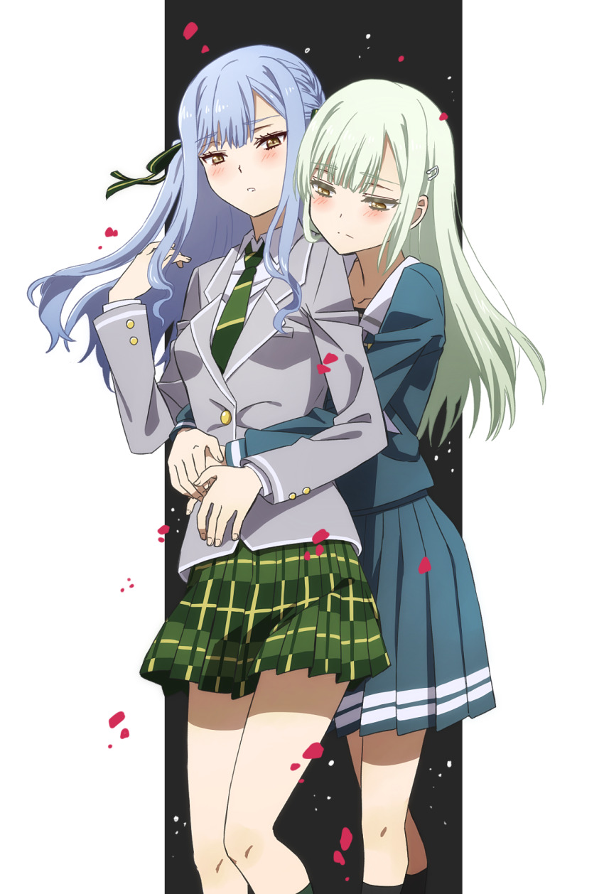 2girls bang_dream! bang_dream!_it&#039;s_mygo!!!!! black_socks blazer blonde_hair blue_hair blue_shirt blue_skirt collared_shirt commentary_request feet_out_of_frame green_necktie grey_jacket highres hug hug_from_behind jacket kneehighs long_hair multiple_girls necktie oiun one_side_up parted_lips petals pleated_skirt school_uniform shirt skirt socks togawa_sakiko wakaba_mutsumi white_shirt yellow_eyes yuri