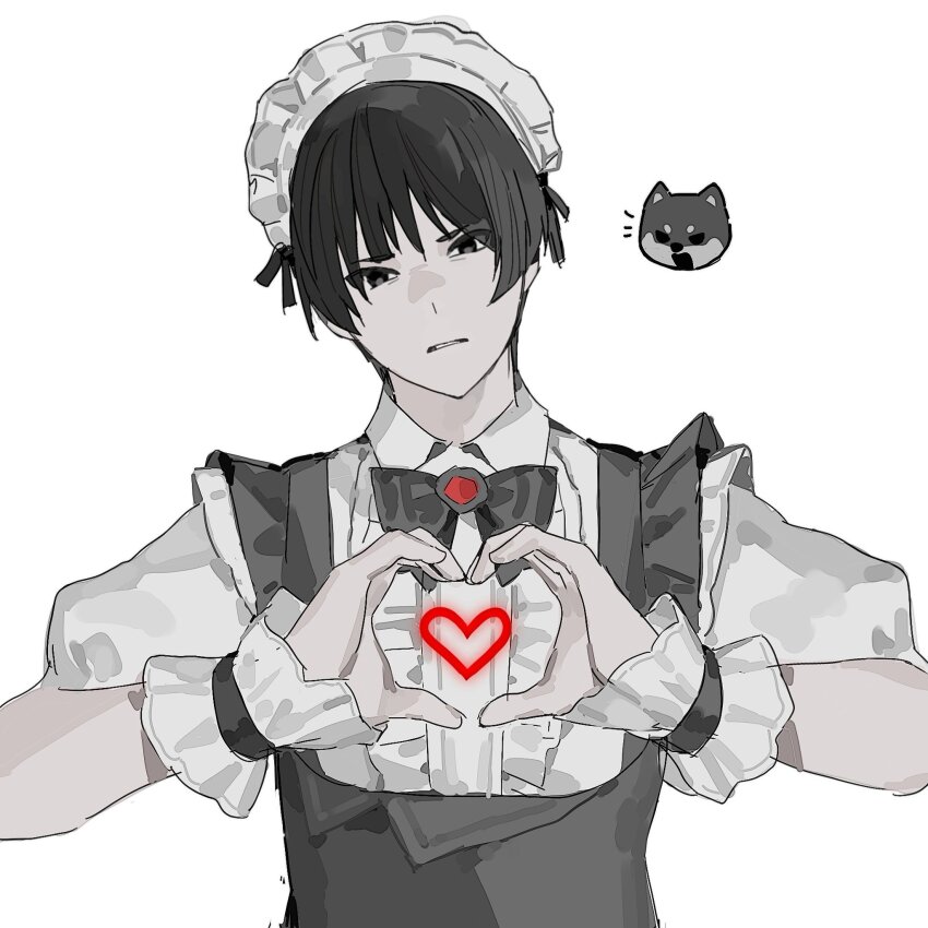 1boy alternate_costume asahi_sas_brutus black_bow black_bowtie black_eyes black_hair bow bowtie commentary crossdressing enmaided final_fantasy final_fantasy_xiv frown heart heart_hands heart_in_heart_hands highres hyur jidappeng looking_at_viewer maid maid_headdress male_focus short_hair simple_background solo symbol-only_commentary upper_body white_background wrist_cuffs