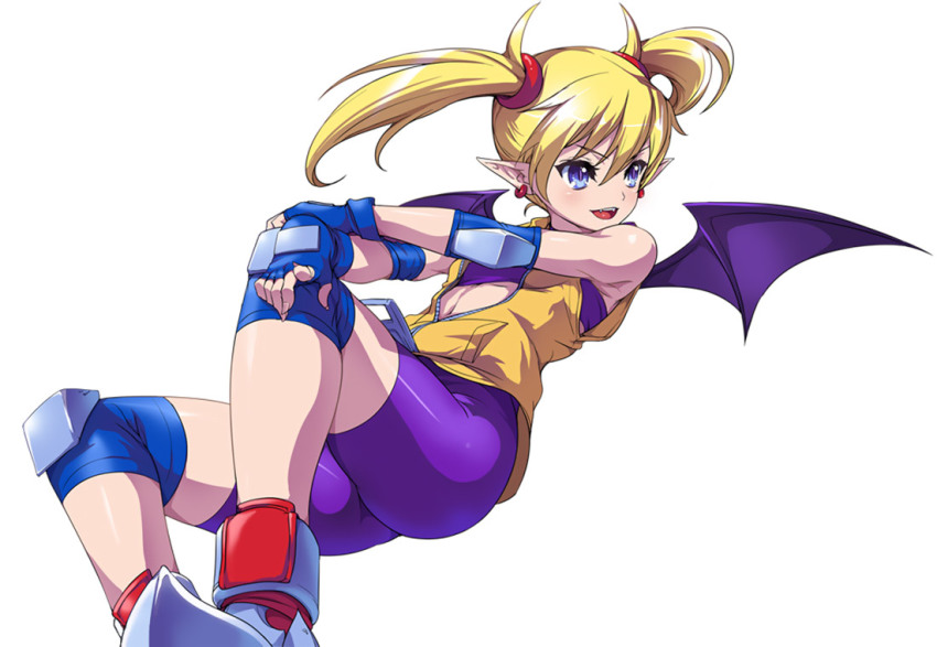 1girl akaga_hirotaka arcana_heart arcana_heart_3 blonde_hair blue_eyes demon_wings earrings elbow_pads fangs female_focus fingerless_gloves gloves hair_ornament jewelry lilica_felchenerow official_art pointy_ears short_twintails simple_background solo spandex twintails white_background wings zipper