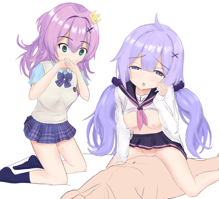 1boy 2girls azur_lane clothed_female_nude_male highres javelin_(azur_lane) javelin_(slow_ahead!)_(azur_lane) multiple_girls nipples nude sailor_collar sex unicorn_(azur_lane)