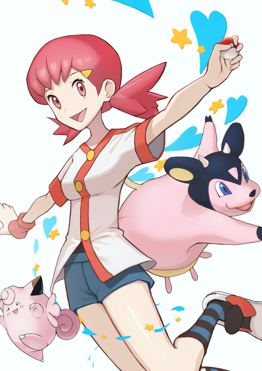 1girl :d black_shirt breasts buttons clefairy commentary_request dedekirumon eyelashes gen_1_pokemon gen_2_pokemon hair_ornament hairclip highres holding holding_poke_ball jacket miltank nintendo open_mouth outstretched_arms pink_eyes pink_hair poke_ball poke_ball_(basic) pokemon pokemon_(creature) pokemon_hgss shirt shoes shorts smile socks striped_clothes striped_socks tongue twintails white_jacket whitney_(pokemon) wristband