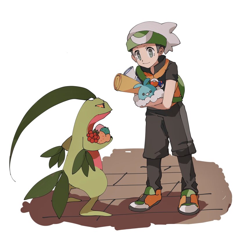 1boy bag berry_(pokemon) black_hair black_pants brendan_(pokemon) closed_mouth gen_3_pokemon great_ball green_bag grey_eyes grovyle hat highres nintendo oran_berry pants pecha_berry poke_ball poke_ball_(basic) pokemon pokemon_(creature) pokemon_emerald pokemon_rse razz_berry scroll shichibee_(stm_mimi) shoes short_hair short_sleeves simple_background sitrus_berry smile standing stuffed_toy swablu white_background white_hat