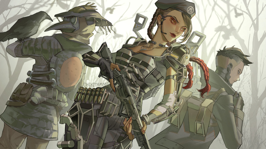 1boy 1girl 1other ambiguous_gender animal_on_arm animification apex_legends arms_dealer_loba artist_name b3_wingman bird bird_on_arm black_bodysuit black_hair black_headwear black_jacket bloodhound_(apex_legends) bodysuit braid breasts brown_hair brown_pants bullet chikitamako cleavage collarbone crow crypto_(apex_legends) dog_tags floating_hair goggles gradient_hair green_eyes gun hack_(apex_legends) hair_behind_ear handgun highres holding holding_gun holding_weapon holstered jacket loba_(apex_legends) medium_breasts multicolored_hair official_alternate_costume pants plague_doctor_mask red_hair revolver rifle scouter the_hired_gun_crypto the_plague_doctor_bloodhound trigger_discipline twin_braids weapon