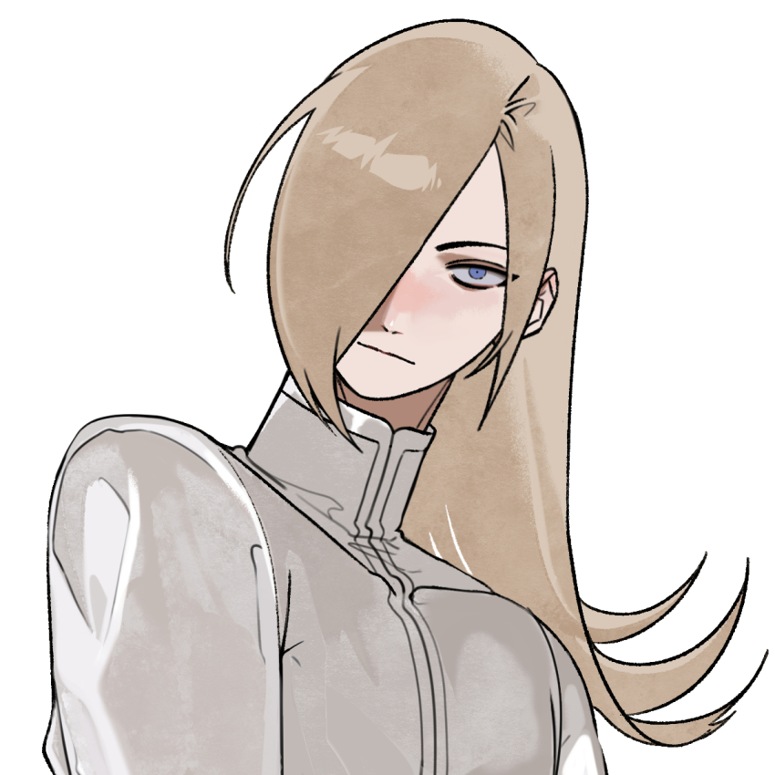 1boy :| androgynous blue_eyes closed_mouth collared_shirt hair_behind_ear hair_over_one_eye hexermer high_collar highres long_hair looking_at_viewer male_focus one_eye_covered parted_hair saiki_(kof) shirt simple_background solo the_king_of_fighters the_king_of_fighters_xiii upper_body white_background white_shirt