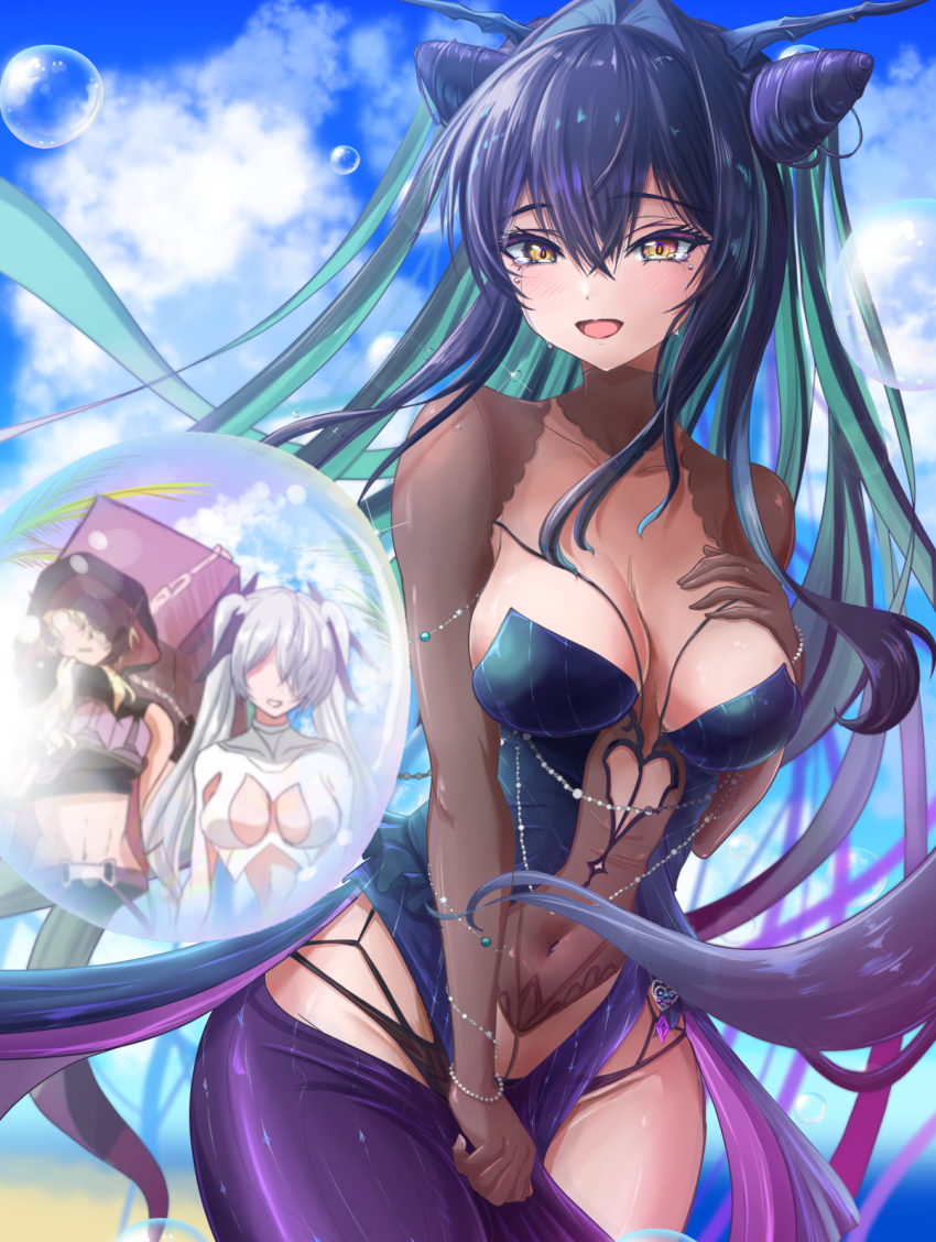 1girl black_hair black_panties blue_dress blue_sky breasts bubble cinderella_(nikke) commentary_request covered_navel dress goddess_of_victory:_nikke grave_(nikke) green_hair hair_intakes highres large_breasts little_mermaid_(abyss_flower)_(nikke) little_mermaid_(nikke) long_hair multicolored_hair myaamocchi official_alternate_costume open_mouth panties revealing_clothes see-through_clothes see-through_dress sky smile solo two-tone_hair underwear very_long_hair yellow_eyes
