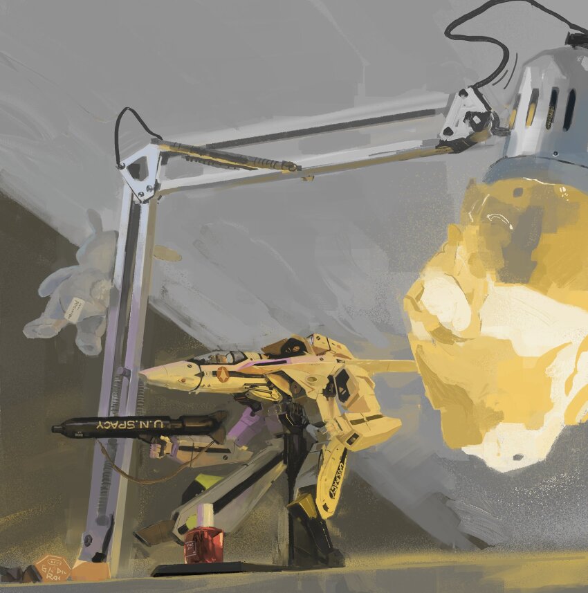 aircraft airplane desk_lamp fighter_jet figure grey_background highres lamp macross mecha mecha_request military_vehicle no_humans object_focus robot slow_d spacecraft starfighter still_life variable_fighter