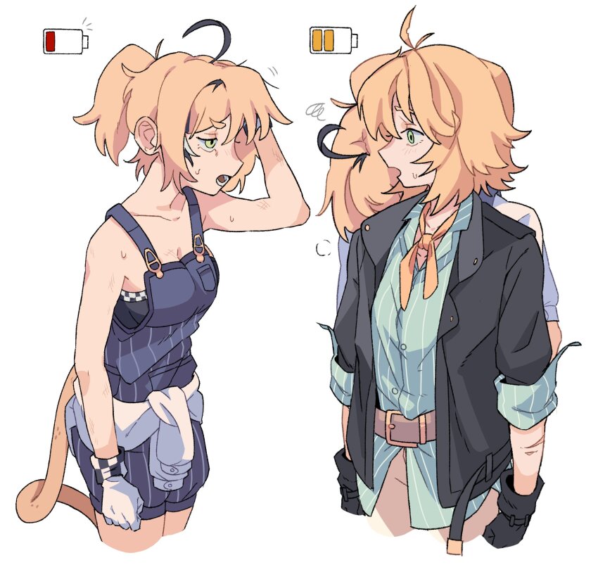 addendium ahoge battery_indicator black_gloves blonde_hair blue_overalls dokibird_(vtuber) dokibird_(vtuber)_(bounty_hunter) dooby_(vtuber) gloves green_eyes hair_between_eyes highres indie_virtual_youtuber jacket long_sleeves medium_hair mouse_tail neckerchief open_mouth overalls shirt short_hair simple_background tail virtual_youtuber white_background white_gloves
