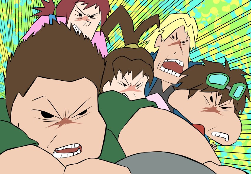 amano_nene_(digimon_xros_wars) aonuma_kiriha brown_hair crayon_shin-chan digimon digimon_xros_wars goggles goggles_on_head hair_ornament hairclip highres hinomoto_akari kudou_taiki long_hair parody ponytail split_ponytail style_parody tsurugi_zenjirou