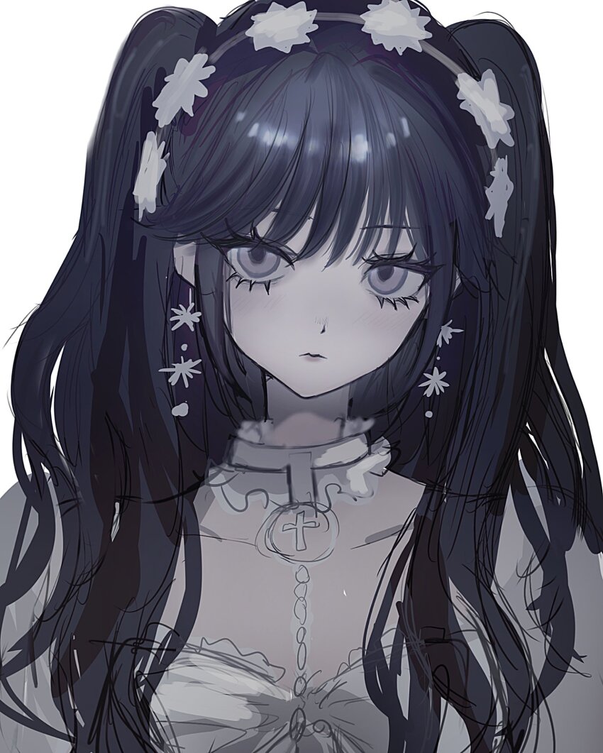 1girl akai_ringo_(eveyuno) black_hair flower grey_eyes hair_flower hair_ornament highres looking_at_viewer original rosary shirt white_background white_shirt