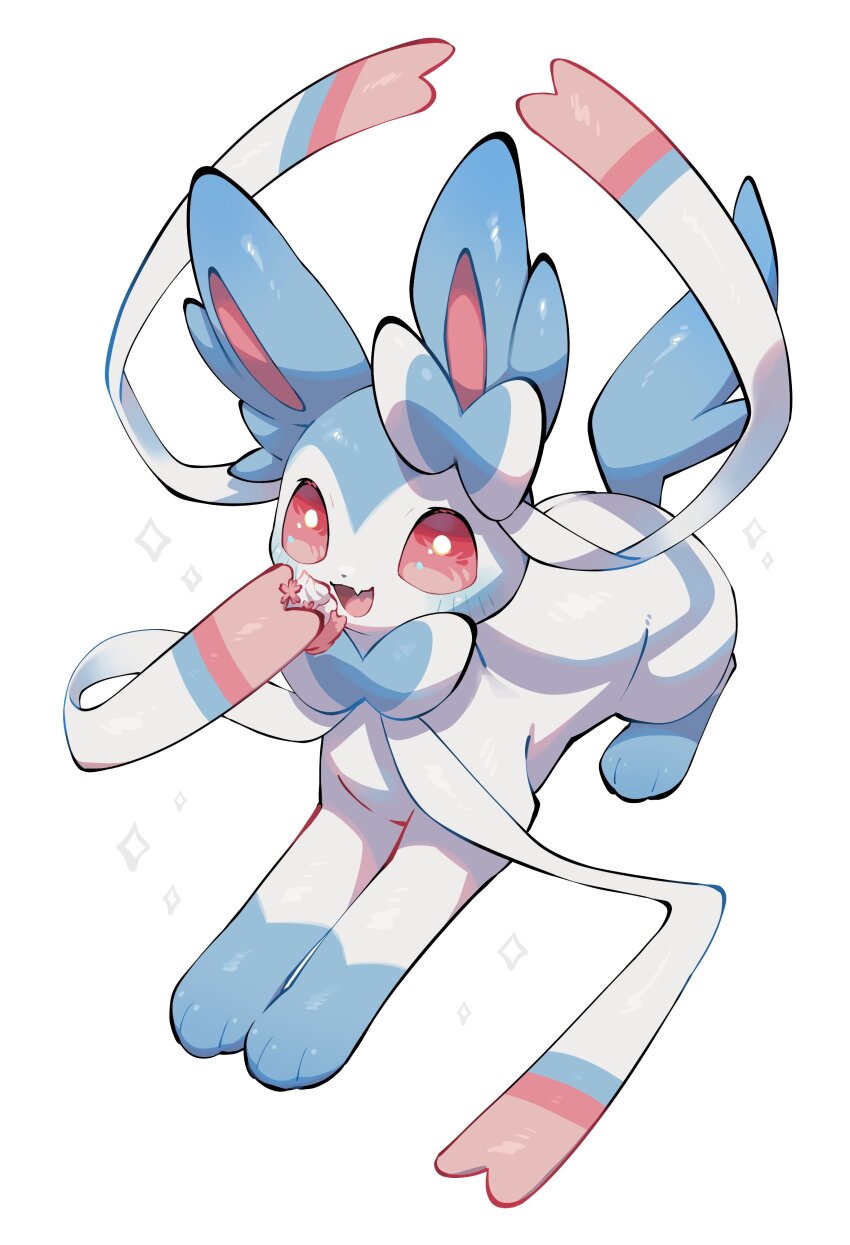 absurdres alternate_color colored_blush colored_lineart dessert eating fang food full_body gen_6_pokemon happy highres holding nintendo no_humans open_mouth poke_puff pokemon pokemon_(creature) pokemon_focus shiny_pokemon simple_background skin_fang solo sparkle sparkling_aura sylveon white_background yumeminoideyu2