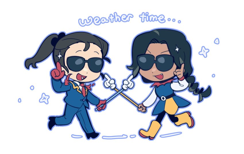 10384740238312e 1boy 1girl :d black_hair black_shoes blue_dress blue_jacket blue_outline blue_pants blue_suit boots braid chibi chibi_only collared_shirt commentary cosplay crossdressing dark-skinned_male dark_skin deltarune dress effie_(project_moon) elnina_(deltarune) elnina_(deltarune)_(cosplay) english_commentary english_text fang formal_clothes gloves highres holding holding_pointer jacket lanino_(deltarune) lanino_(deltarune)_(cosplay) limbus_company long_hair necktie open_mouth outline pants pointer ponytail project_moon red_gloves red_necktie saude_(project_moon) shirt shoes smile suit sunglasses white_background white_shirt white_sleeves yellow_boots