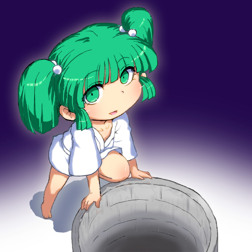 1girl collarbone female_focus gomi_ichigo green_eyes green_hair hair_bobbles hair_ornament highres kisume matching_hair/eyes open_mouth short_hair solo touhou twintails well wide_sleeves