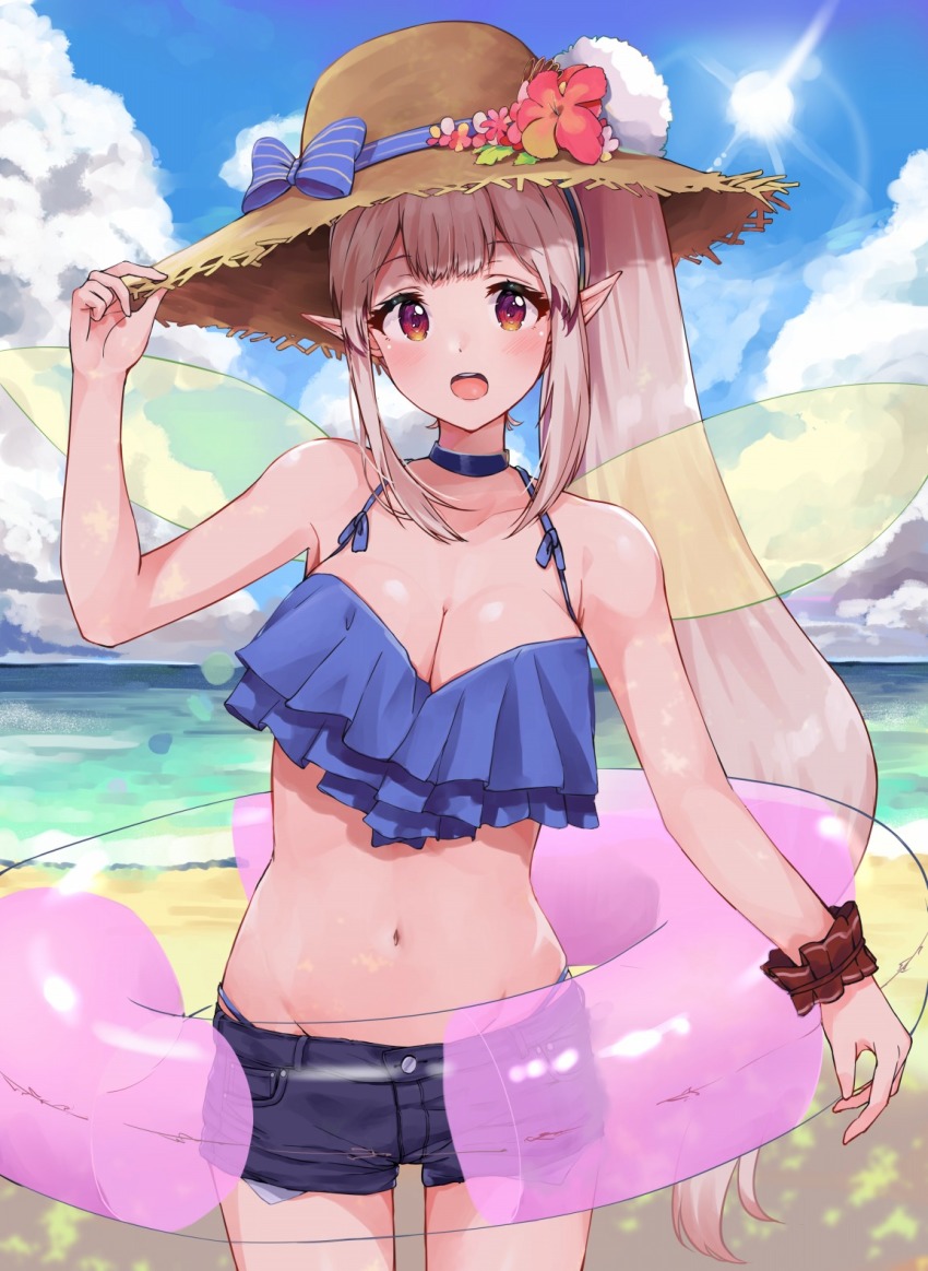 1girl bare_shoulders beach bikini bikini_top_only blue_bikini blue_choker blush breasts brown_scrunchie choker cleavage cloud collarbone commentary_request cowboy_shot day elu_(nijisanji) fairy_wings female_focus flower frilled_bikini frilled_bikini_top frills grey_hair groin hand_on_headwear hat hat_flower hat_ribbon highres innertube large_breasts light_blush long_hair looking_at_viewer midriff navel nijisanji ocean open_mouth outdoors pockets_visible pointy_ears ponytail racchi. red_eyes red_flower ribbon round_teeth scrunchie short_shorts shorts sidelocks smile solo standing straw_hat striped_ribbon sun swim_ring swimsuit teeth upper_teeth_only very_long_hair virtual_youtuber wings wrist_scrunchie