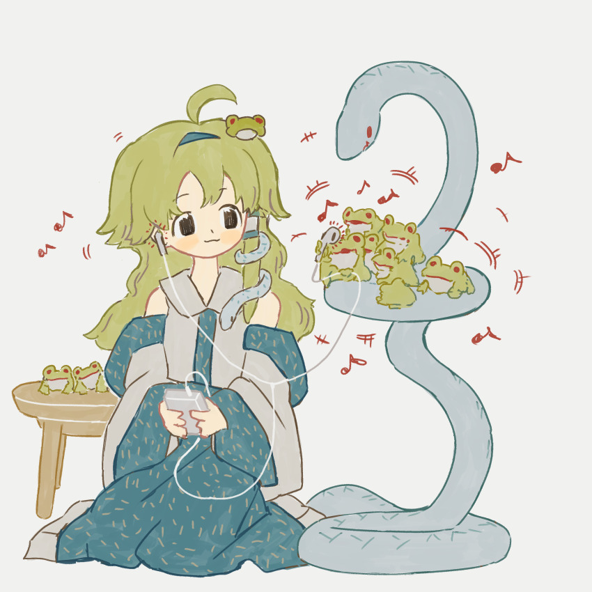 1girl :3 absurdres ahoge animal bare_shoulders blue_hairband blue_skirt blush_stickers collared_shirt detached_sleeves dot_nose double-parted_bangs earbuds earphones frog frog_hair_ornament green_hair hair_ornament hair_tubes hairband highres kochiya_sanae listening_to_music long_hair long_sleeves looking_at_animal musical_note neruzou patterned_clothing print_skirt shirt simple_background single_hair_tube single_sidelock skirt skirt_set sleeveless sleeveless_shirt snake snake_hair_ornament solo table touhou white_background wide_sleeves