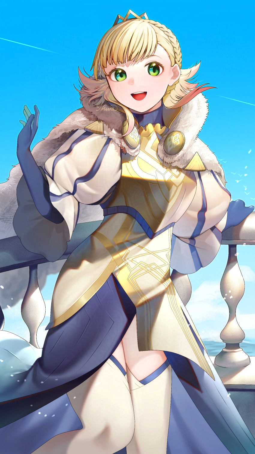 1girl absurdres armor blonde_hair blue_gloves blue_sky braid breastplate breasts cape chest_guard cloud cloudy_sky commentary_request crown_braid feet_out_of_frame fire_emblem fire_emblem_heroes fur_cape gloves gradient_hair green_eyes highres ikura_(downdexp) long_hair looking_at_viewer medium_breasts multicolored_hair nintendo official_alternate_costume open_mouth outdoors puffy_sleeves sharena_(fire_emblem) sharena_(hopeful_princess)_(fire_emblem) sky solo teeth thighhighs thighs tiara turtleneck upper_teeth_only white_thighhighs