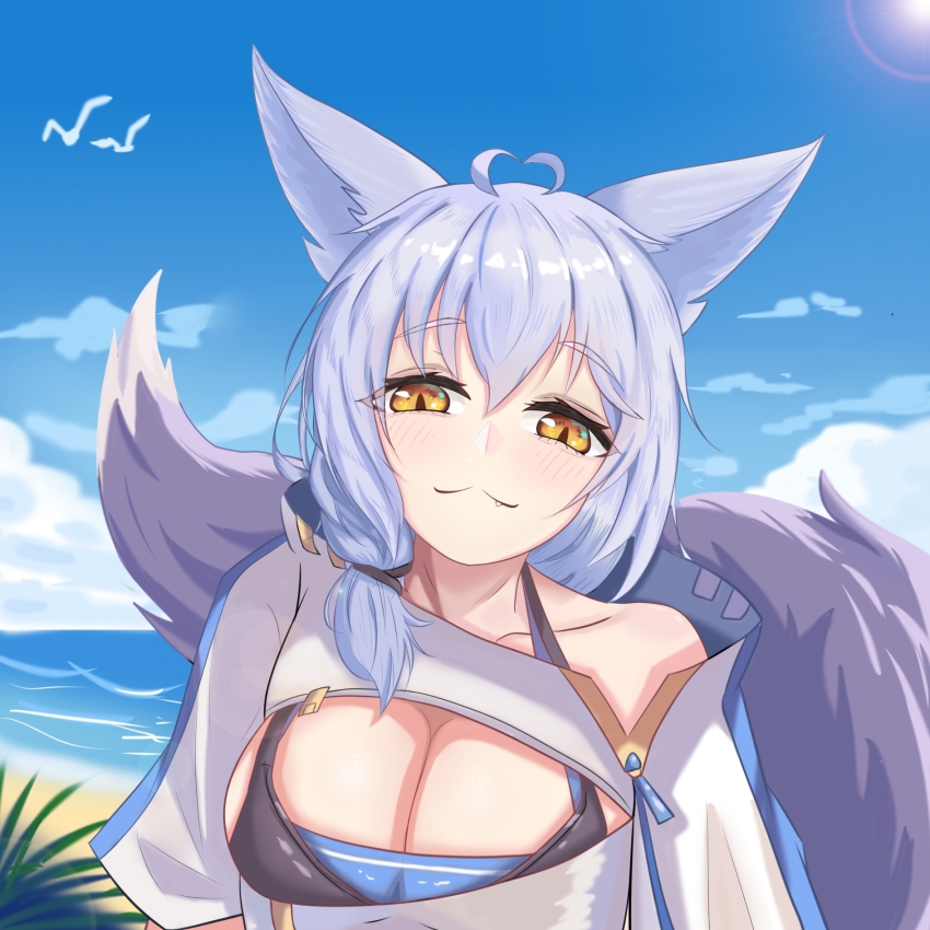 1girl :3 ahoge animal_ears arknights beach blue_sky blush breasts cleavage cloud day heart heart_ahoge highres large_tail looking_at_viewer ocean official_alternate_costume outdoors provence_(arknights) provence_(casual_vacation)_(arknights) purple_hair rua_(sxys7245) shirt single_bare_shoulder sky smile solo tail upper_body water white_shirt wolf_ears wolf_tail yellow_eyes