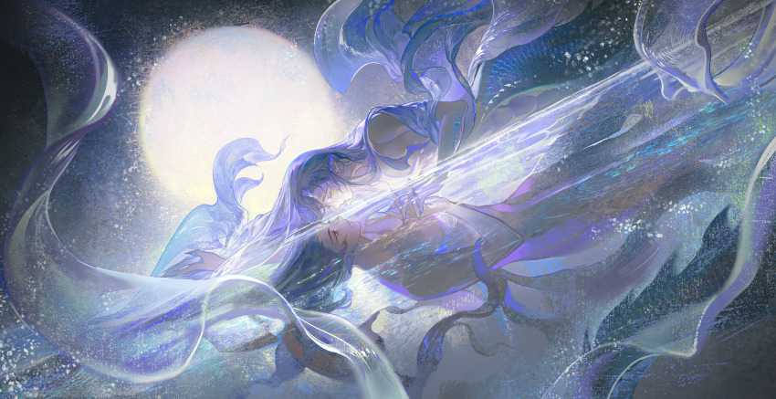 2boys ao_bing_(nezha_zhi_motong_jiangshi) black_hair blue_hair closed_eyes floating from_side full_moon highres light_particles long_hair looking_at_another lying male_focus monster_boy moon multiple_boys nezha_(nezha_zhi_motong_jiangshi) nezha_zhi_motong_jiangshi night nude tail very_long_hair water yaoi yinzinmiemie