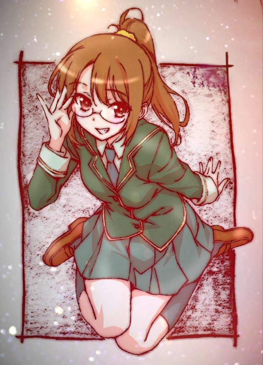 1girl black_socks blazer blue_necktie boku_wa_tomodachi_ga_sukunai brown_eyes brown_hair full_body glasses green_jacket green_skirt grin hair_ornament hair_scrunchie hand_up high_ponytail highres jacket kneehighs loafers long_hair long_sleeves looking_at_viewer necktie pleated_skirt ponytail school_uniform scrunchie shiguma_rika shoes sitting skirt smile socks solo st._chronica_academy_school_uniform wariza watanabe_yoshihiro winter_uniform yellow_scrunchie