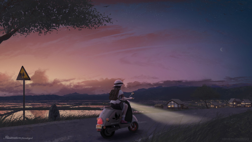 1girl absurdres artist_name backpack bag bilibili_username black_hair black_skirt character_name chinese_commentary cloud commentary_request contemporary crescent_moon evening fasnakegod grass headlight_beam helmet highres house medium_hair miniskirt moon motor_vehicle mountainous_horizon on_scooter rice_paddy road road_sign rural scenery scooter shameimaru_aya shirt short_sleeves sign skirt sky socks star_(sky) starry_sky sunset touhou tree village white_shirt white_socks wide_shot