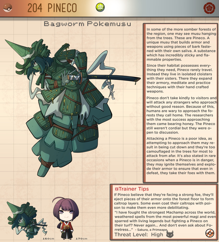1boy 1girl armor artist_name black_hair brown_background character_name character_profile colored_skin commentary english_commentary english_text gen_2_pokemon green_hair green_skin highres japanese_armor katana kinkymation long_hair monster_girl nintendo personification pineco poke_ball poke_ball_(basic) pokemon red_eyes sheath sheathed sword uncensored weapon