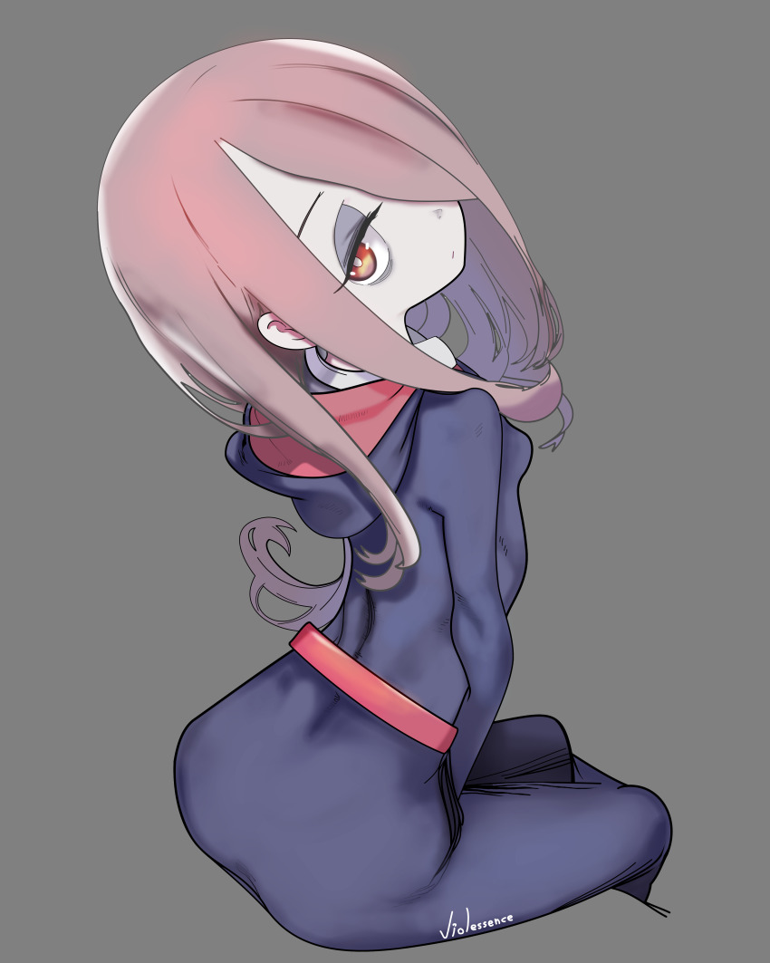 1girl absurdres ass hair_over_one_eye highres little_witch_academia looking_at_viewer looking_back sitting sucy_manbavaran