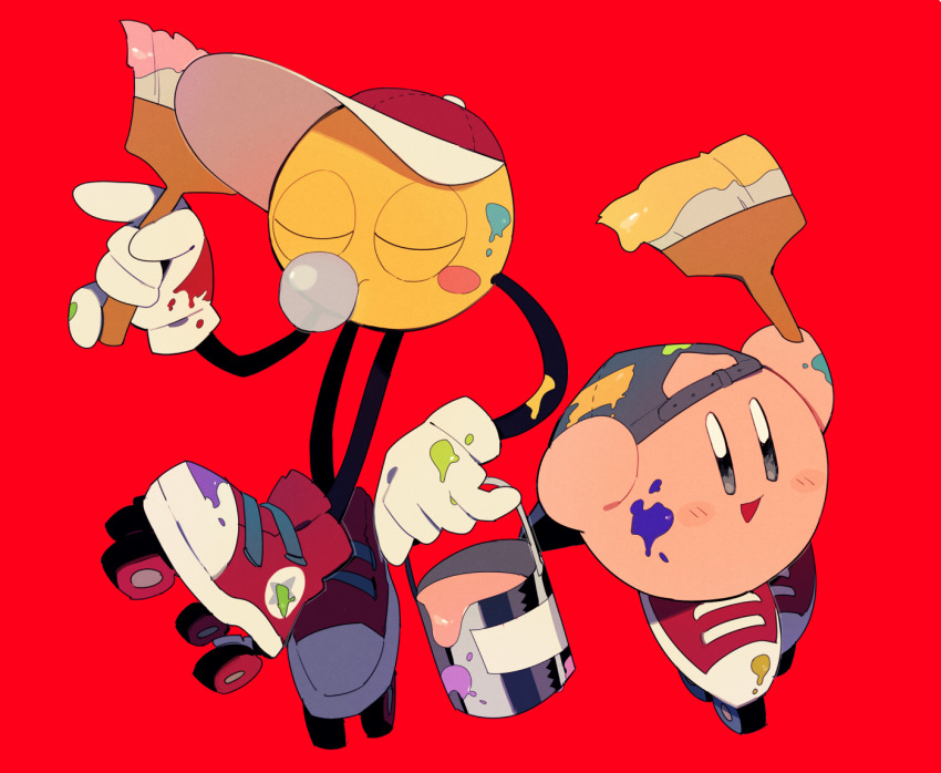 backwards_hat baseball_cap blue_hat blush_stickers bucket chewing_gum closed_eyes colored_skin copy_ability crossed_ankles gloves hand_on_headwear hat higa423 holding holding_bucket holding_paintbrush kirby kirby_(series) nintendo no_humans paint_can paint_kirby paint_on_clothes paint_roller_(kirby) paint_splatter paint_splatter_on_face paintbrush pink_skin red_background red_footwear red_hat roller_skates simple_background single_blush_sticker skates white_gloves