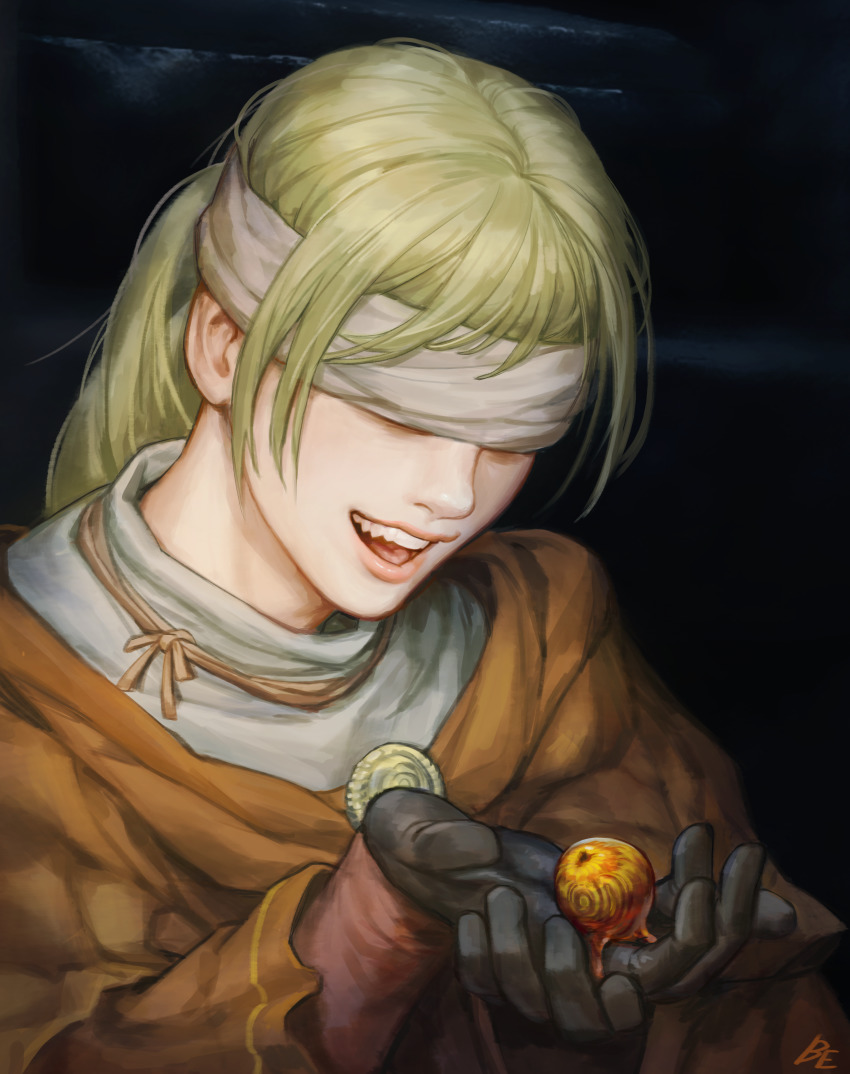 1girl absurdres black_gloves blindfold blonde_hair boiled_egg27 braid brown_dress commentary dress elden_ring eyeball gloves highres holding holding_eyeball hyetta_(elden_ring) long_hair open_mouth pink_lips shabriri_grape signature single_braid smile solo teeth upper_body upper_teeth_only