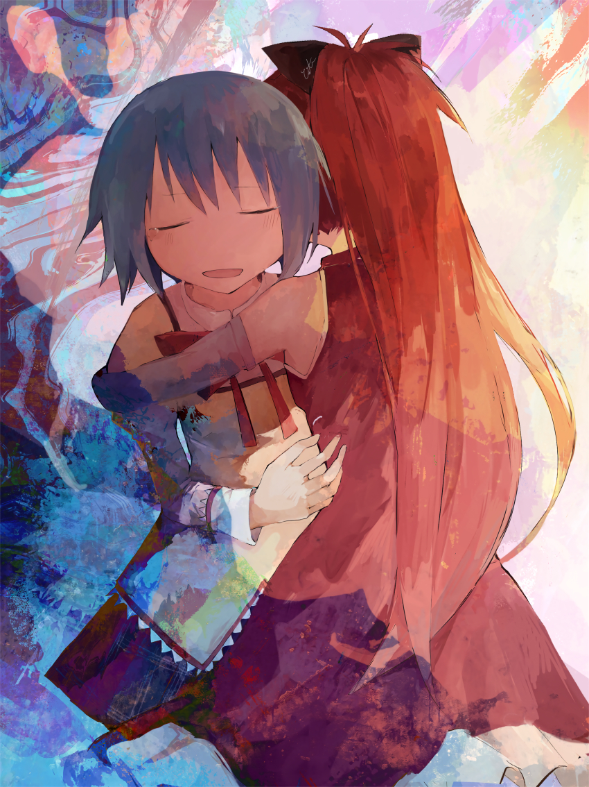 2girls abstract_background absurdres blue_hair bow closed_eyes commentary_request detached_sleeves hair_bow high_ponytail highres hug long_hair magical_girl mahou_shoujo_madoka_magica miki_sayaka mitakihara_school_uniform multiple_girls on_floor open_mouth partial_commentary pinosan ponytail red_hair ribbon sakura_kyoko sakura_kyoko_(magical_girl) school_uniform short_hair skirt smile tearing_up
