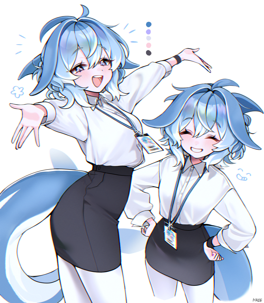 1girl :d ^^^ absurdres ahoge arms_up artist_name black_skirt blue_hair blush cetacean_tail closed_eyes collared_shirt color_guide delfi_(haze_(7h4ze)) dress_shirt fins fish_tail flipped_hair grin hands_on_own_hips haze_(7h4ze) highres id_card long_sleeves looking_at_viewer medium_hair multicolored_hair multiple_views office_lady open_mouth original outstretched_arms pantyhose parted_lips pencil_skirt purple_eyes shirt simple_background skirt smile tail two-tone_hair white_background white_hair white_pantyhose white_shirt wing_collar