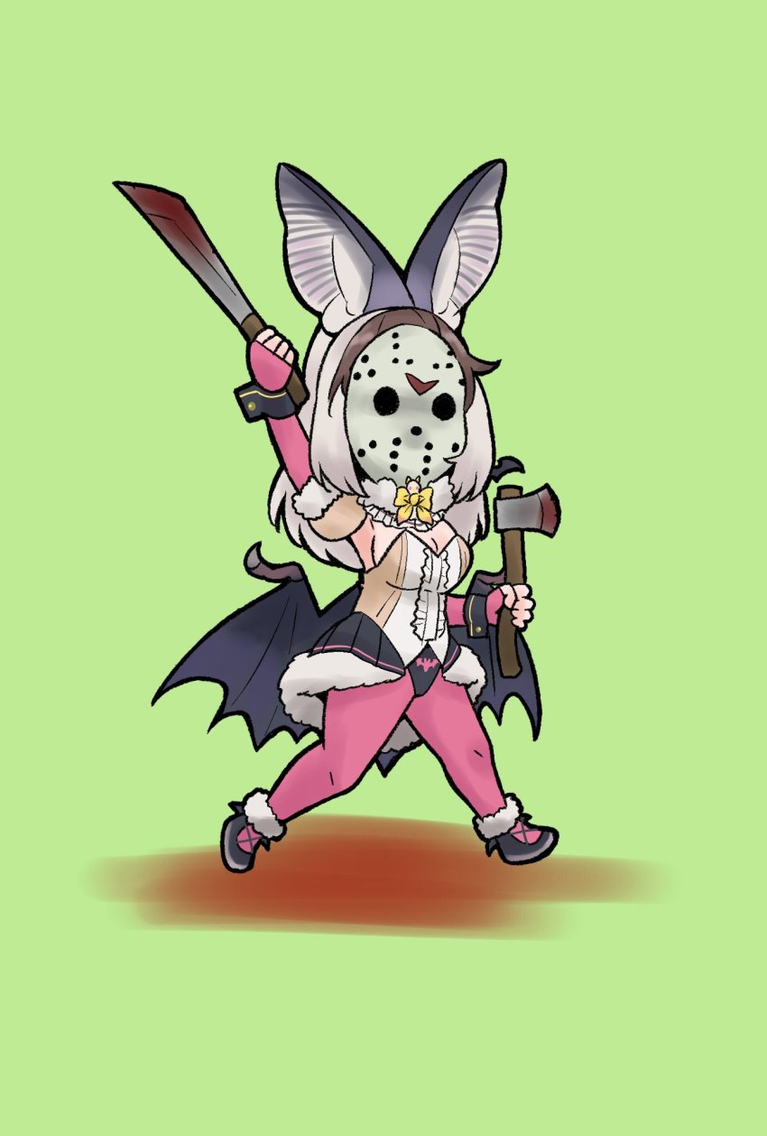 animal_costume animal_ear_fluff animal_ears brown_eyes brown_hair brown_long-eared_bat_(kemono_friends) gravi_pig4891 highres kemono_friends kemono_friends_v_project long_hair multicolored_hair simple_background virtual_youtuber
