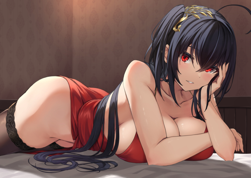 1girl ahoge azur_lane bare_shoulders black_hair black_thighhighs breasts cleavage cocktail_dress collarbone crossed_bangs dress hair_between_eyes hair_ornament head_hold indoors large_breasts long_hair looking_at_viewer lying no_panties official_alternate_costume on_stomach parted_lips rebutsu red_dress red_eyes shiny_skin smile solo taihou_(azur_lane) taihou_(forbidden_fruit)_(azur_lane) thighhighs thighs very_long_hair