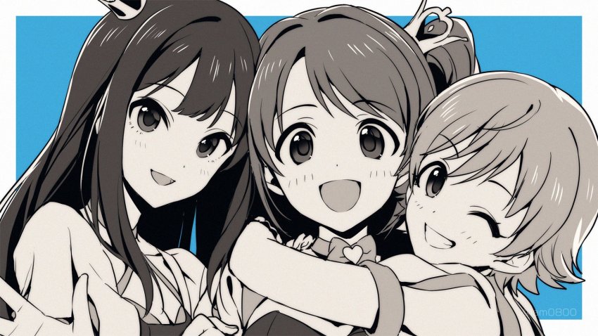 3girls :d asada_hachi blue_background blush border commentary_request crown girl_sandwich greyscale_with_colored_background grin half_updo happy heart highres honda_mio hug idolmaster idolmaster_cinderella_girls long_hair looking_at_viewer multiple_girls new_generations_(idolmaster) one_eye_closed open_mouth outside_border sandwiched shibuya_rin shimamura_uzuki short_hair short_sleeves simple_background smile twitter_username upper_body watermark white_border