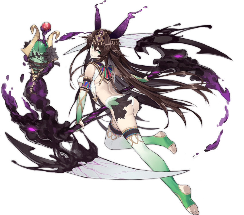 1girl ancient_egyptian ark_order ass breast_curtain breasts bridal_gauntlets brown_hair darkness elbow_gloves feet full_body gloves gold_trim gradient_legwear green_eyes green_nails green_thighhighs hair_flaps headpiece holding holding_scythe horns kneepits kzhu large_breasts legs liquid_horns long_hair looking_at_viewer official_art osiris_(ark_order) panties purple_horns scythe sidelocks solo stirrup_legwear tachi-e thighhighs toeless_legwear transparent_background underwear variant_set very_long_hair white_panties white_thighhighs