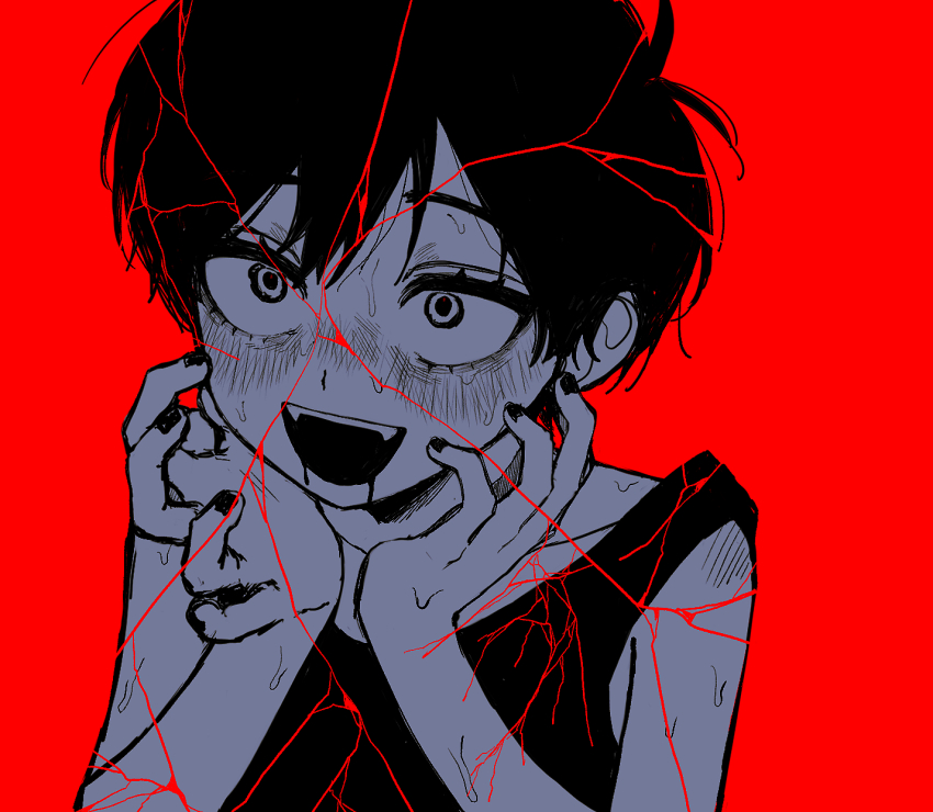 1boy :d antenna_hair bags_under_eyes bare_arms bare_shoulders blush commentary_request double-parted_bangs droopy_ears fangs from_above greyscale_with_colored_background hair_between_eyes hands_on_own_cheeks hands_on_own_face hands_up highres looking_ahead looking_up nail_polish nose_blush official_alternate_eye_color omori omori_(omori) open_mouth portrait pov red_background rou_(h_s_sinrin) shattered_omori_(omori) simple_background smile solo sweat tank_top teeth upper_teeth_only