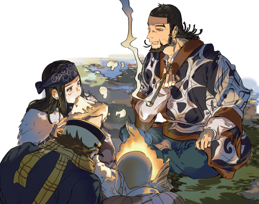 1girl 3boys ainu ainu_clothes asirpa beard buzz_cut campfire camping commentary cooking earrings eating english_commentary facial_hair goatee golden_kamuy hairy hat hoop_earrings imperial_japanese_army jewelry kepi kiroranke long_sideburns luke_skyfaller mature_male military_hat multiple_boys night roasting shiraishi_yoshitake short_hair sideburns sitting smile smoking_pipe sugimoto_saichi very_short_hair