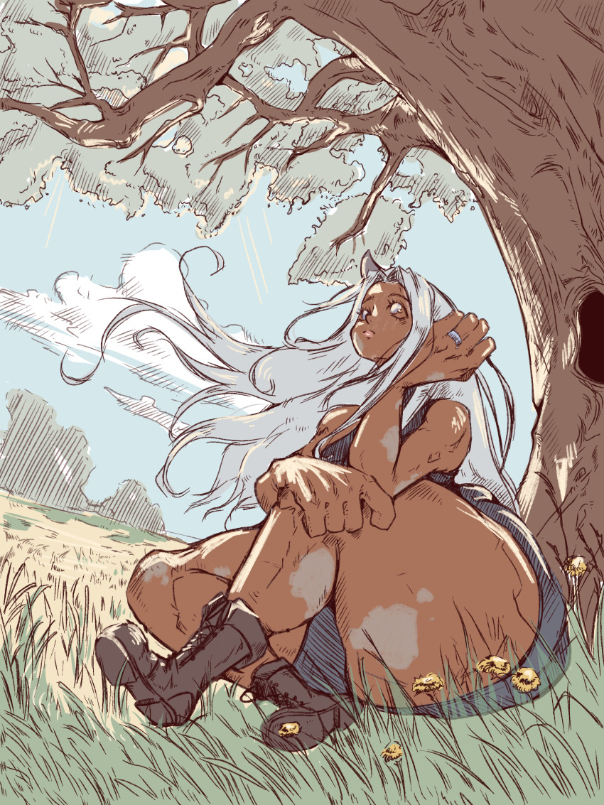 absurdres ass blue_sky boots cloud commentary dark-skinned_female dark_skin flower grass highres horns huge_ass large_hands leotard long_hair non-web_source original outdoors single_horn sitting sky theo_kris_(artist) thick_thighs thighs tree white_hair