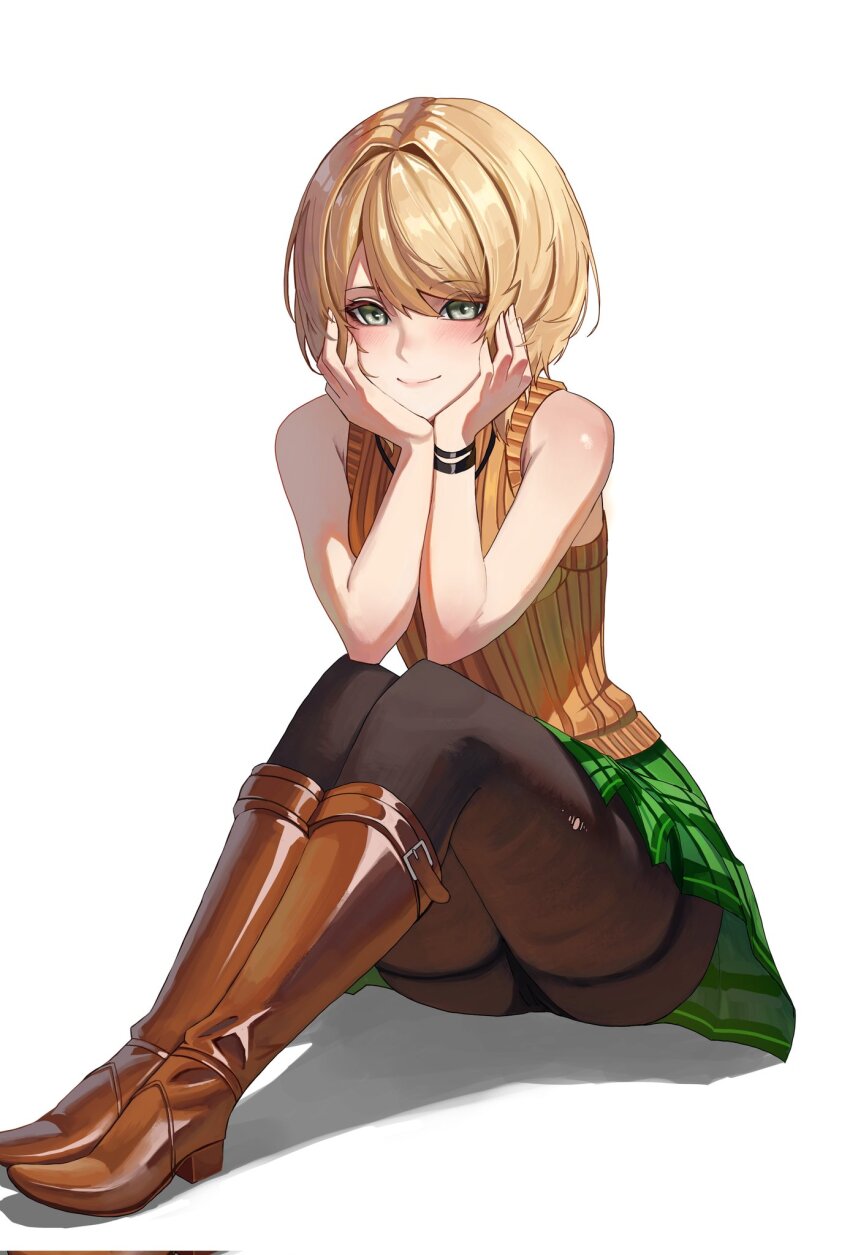 1girl ashley_graham ass bare_shoulders black_panties black_pantyhose blonde_hair blush bob_cut boots bracelet brown_boots closed_mouth commentary english_commentary full_body green_eyes green_skirt hair_between_eyes hands_on_own_cheeks hands_on_own_face harness highres holster jewelry looking_at_viewer panties pantyhose rasipan resident_evil resident_evil_4 resident_evil_4_(remake) ribbed_sweater shadow short_hair simple_background sitting skirt sleeveless sleeveless_sweater smile solo sweater thigh_boots underwear white_background yellow_sweater
