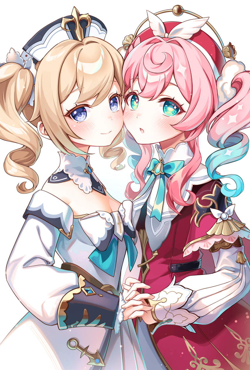 2girls :o aqua_bow aqua_bowtie aqua_eyes aqua_hair barbara_(genshin_impact) beret blonde_hair blue_eyes blush bow bowtie breasts cleavage commentary company_connection dress english_commentary from_side genshin_impact hairstyle_connection hat highres honkai:_star_rail honkai_(series) hyacine_(honkai:_star_rail) interlocked_fingers karen_(navy_42) look-alike mihoyo multiple_girls nurse_cap pink_hair red_dress simple_background small_breasts smile twintails white_background white_dress