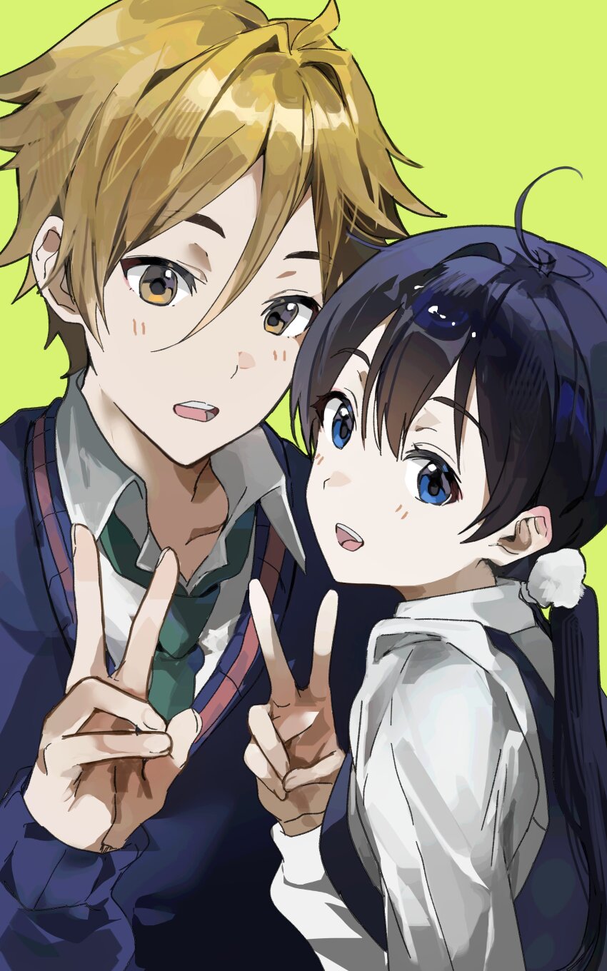 1boy 1girl absurdres ahoge black_hair blue_hair blue_sweater brown_eyes brown_hair collared_shirt commentary_request couple green_necktie hair_between_eyes highres ike_0910 kitashirakawa_tamako looking_at_viewer necktie ooji_mochizou parted_lips shirt simple_background sweater tamako_market teeth upper_body upper_teeth_only v yellow_background