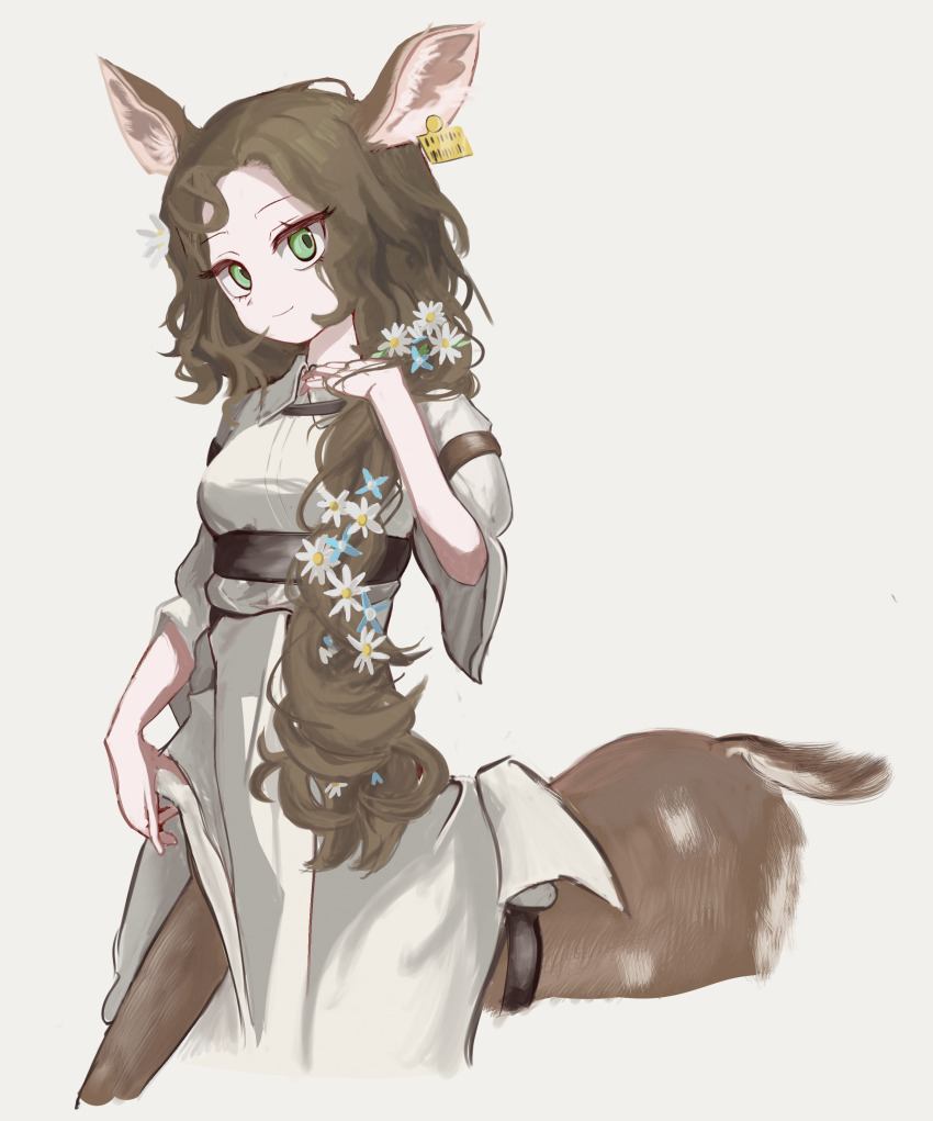 1girl absurdres animal_ears arm_belt belt black_belt breasts brown_hair centauroid closed_mouth coat commentary cropped_legs deer_ears deer_girl deer_tail ear_tag flower green_eyes hair_flower hair_ornament hair_over_shoulder hand_on_own_chest highres jessica_(reverse:1999) long_hair looking_at_viewer medium_breasts monster_girl parted_bangs reverse:1999 sidelocks simple_background smile solo tail taur thiepriest underbust white_coat white_flower