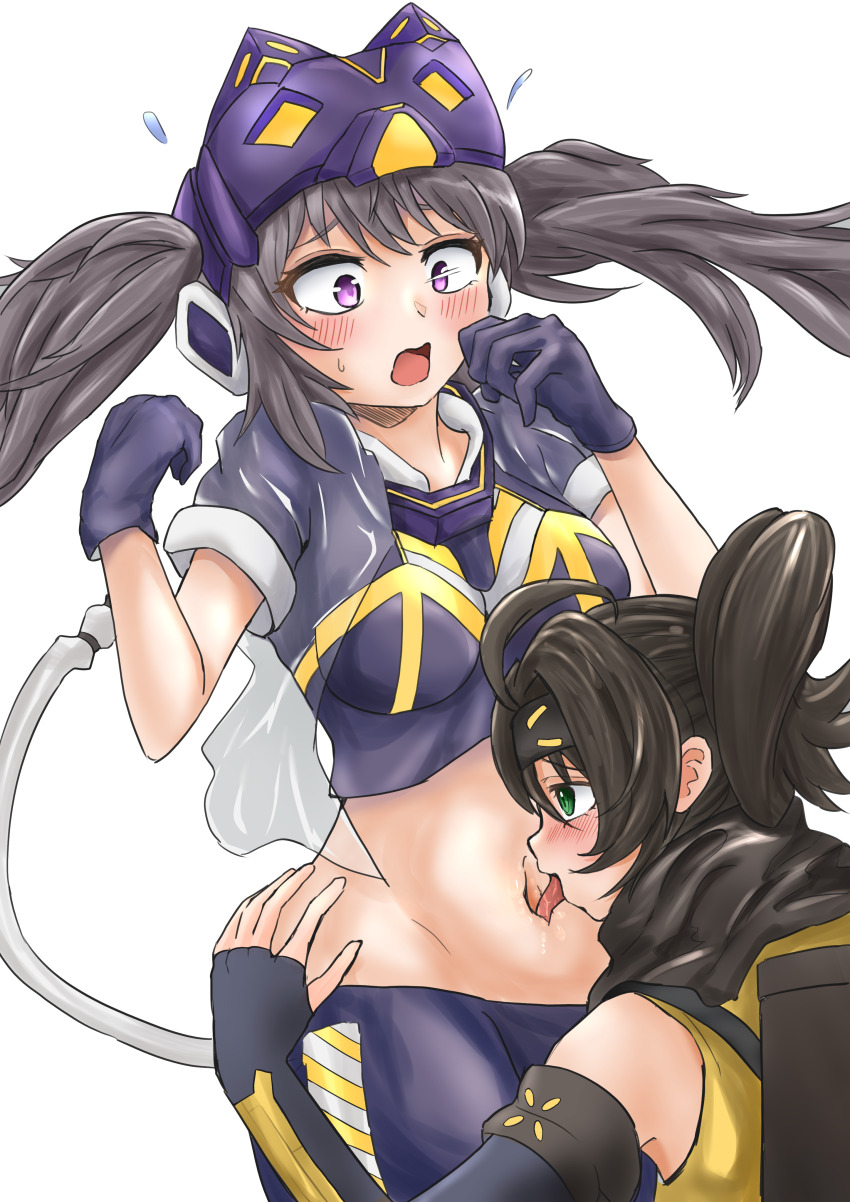 2girls absurdres ahoge bare_shoulders black_gloves black_hair black_scarf blush breasts brown_eyes brown_hair cat_mask commentary_request cowboy_shot cropped_jacket cropped_shirt duel_monster earpiece elbow_gloves fake_tail fingerless_gloves floating_hair flying_sweatdrops forehead_protector gloves green_eyes gt_majoyan hair_between_eyes highres i:p_masquerena jacket licking licking_navel long_hair mask medium_breasts midriff multicolored_pants multicolored_shirt multiple_girls navel open_clothes open_jacket open_mouth pants ponytail purple_eyes purple_gloves purple_pants purple_shirt s-force_rappa_chiyomaru s:p_little_knight saliva scarf see-through_clothes see-through_jacket shirt short_sleeves sidelocks simple_background sleeveless standing tail tight_clothes tight_pants tongue tongue_out twintails white_background yu-gi-oh! yuri