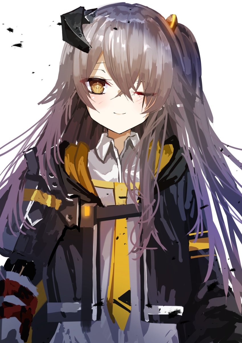 1girl absurdres black_jacket blouse brown_hair collared_shirt eyebrows_hidden_by_hair eyes_visible_through_hair girls&#039;_frontline highres jacket kamiya_mitobe long_hair mechanical_arms mod3_(girls&#039;_frontline) necktie one_eye_closed scar scar_on_face shirt simple_background single_mechanical_arm solo ump45_(girls&#039;_frontline) ump45_(mod3)_(girls&#039;_frontline) upper_body white_shirt yellow_eyes yellow_necktie